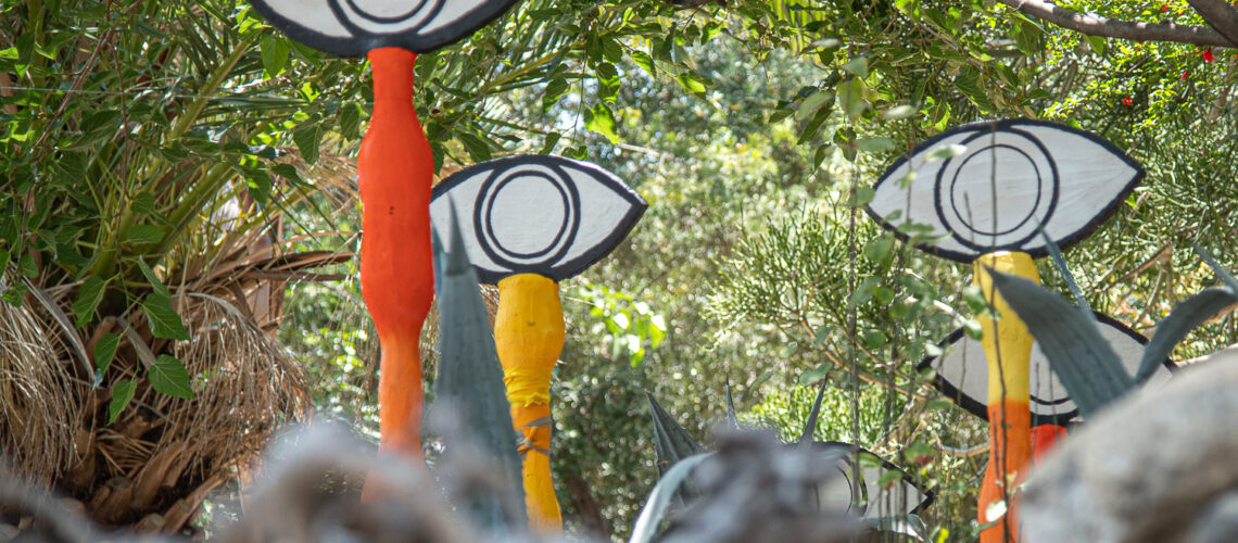Eyes on the Monarchs Totems are made from recycled items covered in a thin film of cement and painted.